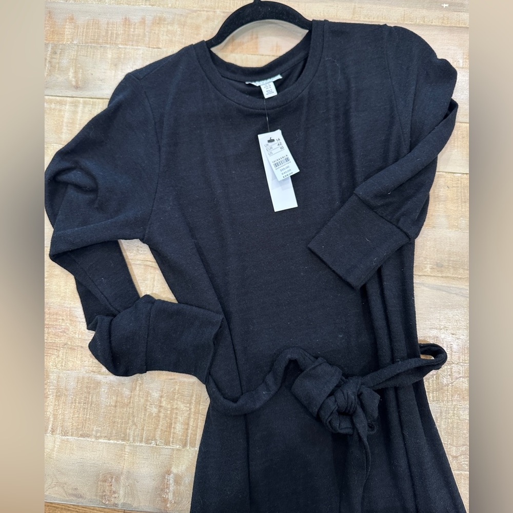 Topshop black long sleeve crewneck tie belt slit maxi sweater dress nwt